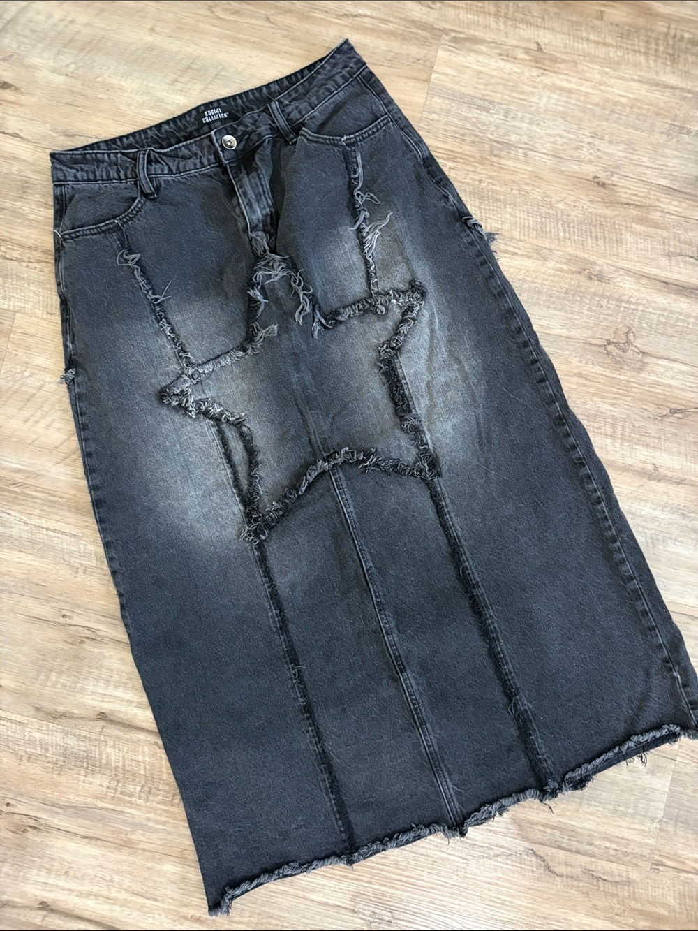 Black Distressed Star Denim Midi Skirt